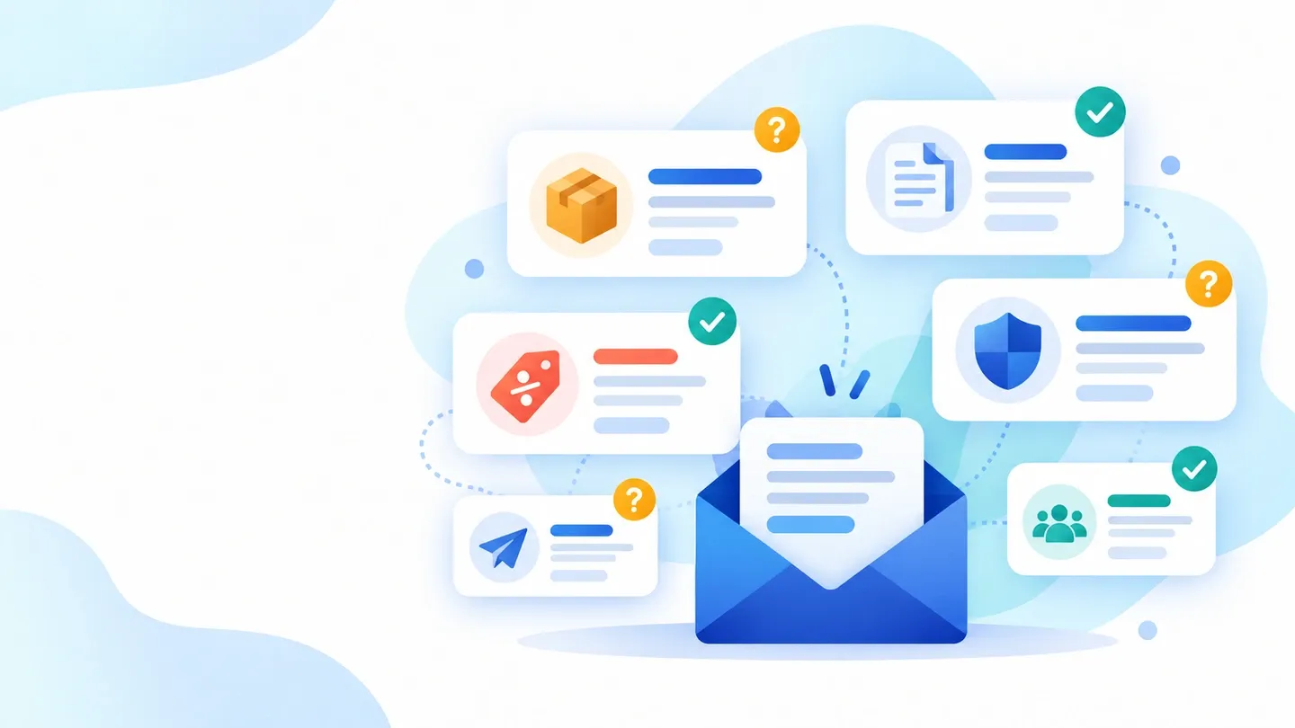 Sobre de email rodeado de tarjetas de distintos tipos de envío, unas aprobadas y otras en duda